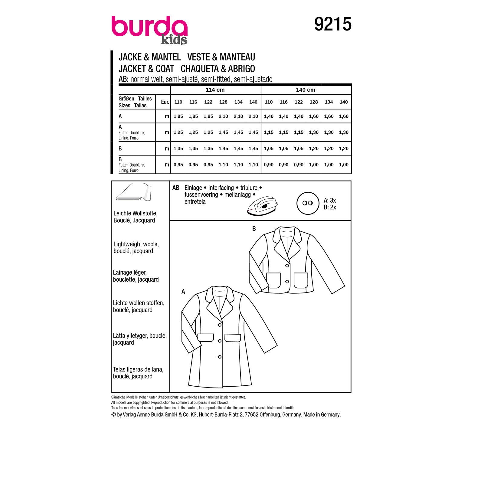 Burda Kids 9215 manteljas en colbert